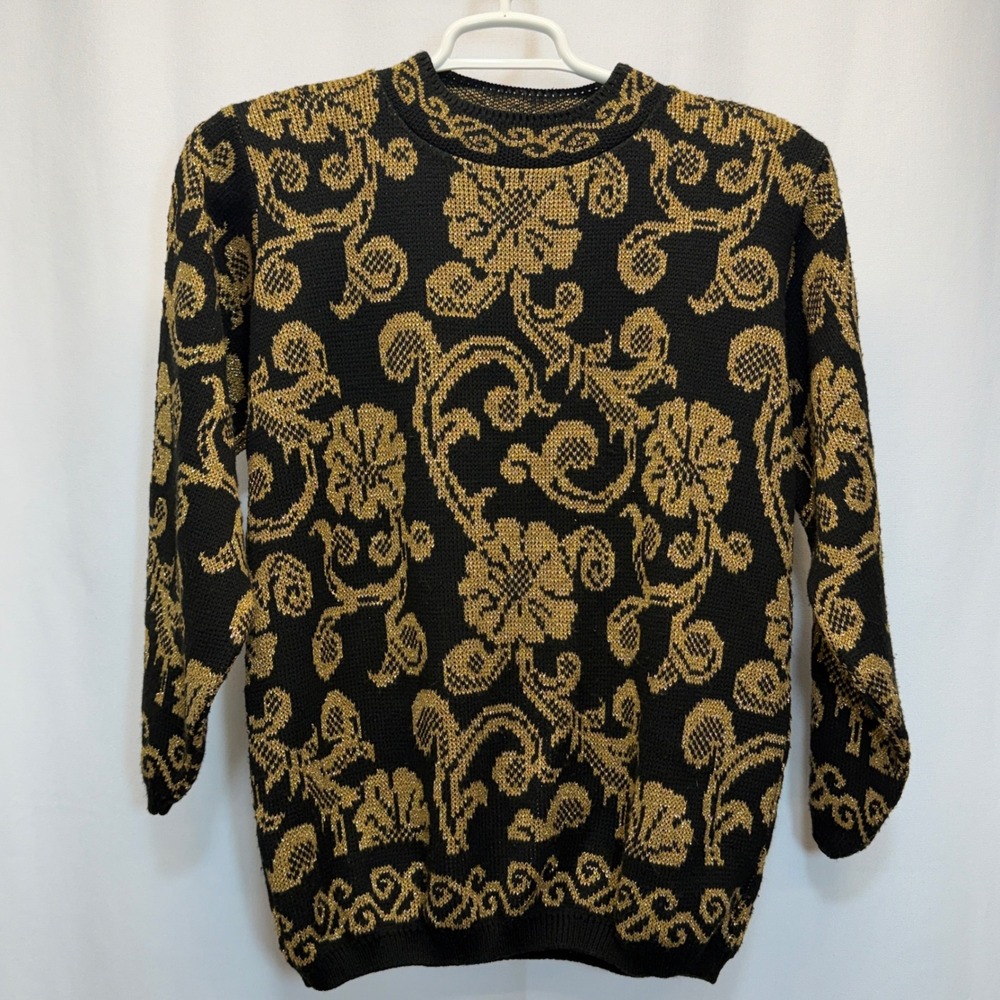 Alfred Dunner Sweater Black Gold Floral Knit Womans Medium Vintage Grandmacore